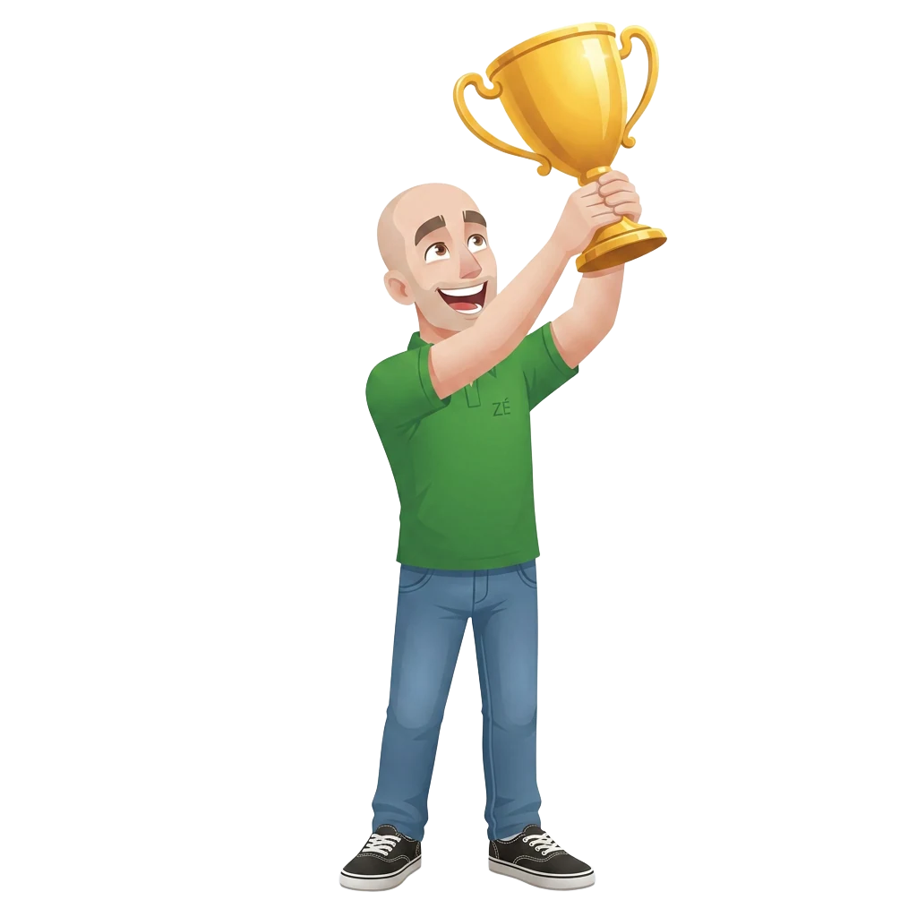 Zé erguendo um troféu comemorando a marca concedida